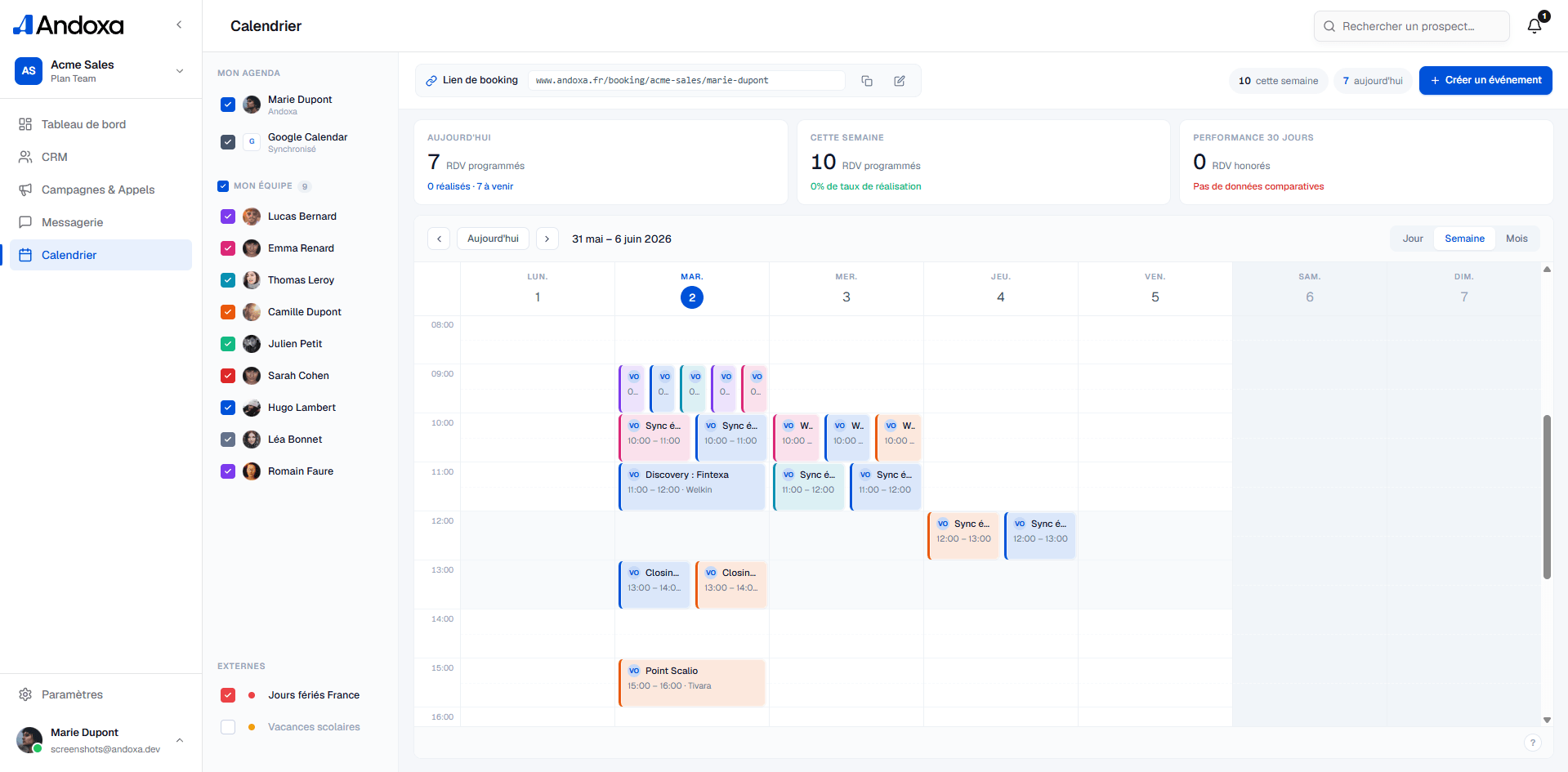 Calendrier et booking Andoxa