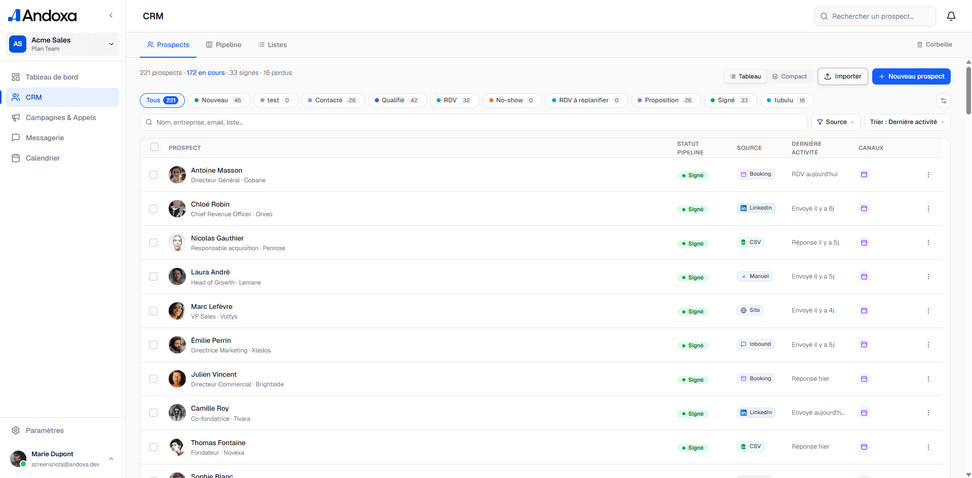 CRM et pipeline Andoxa